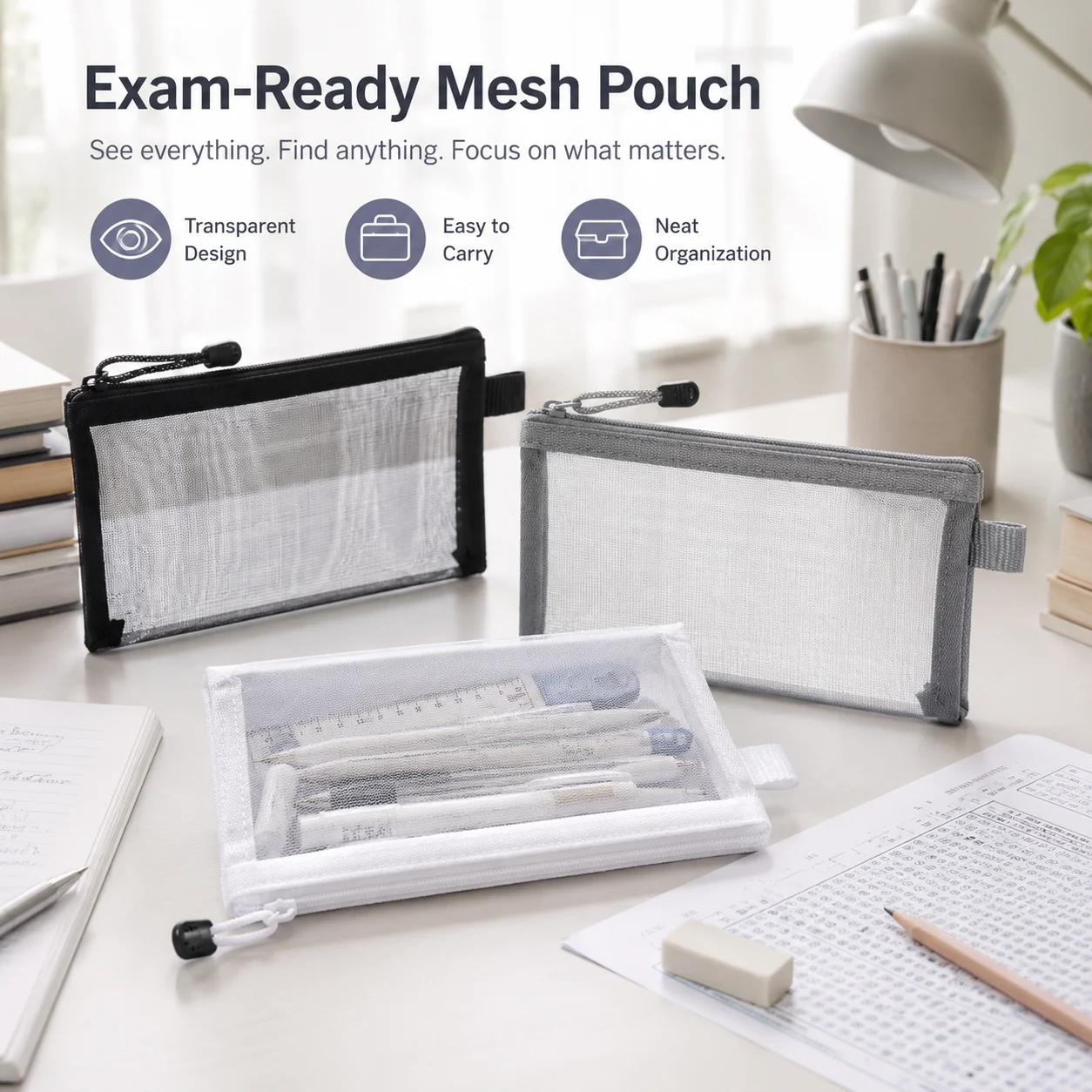 Estojo de Lápis de Malha Trans - Clear Mesh Pencil Pouch For Exam avaliação e preço